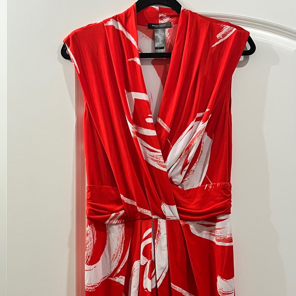 Bisou Bisou Michele Bohbot Red White Abstract Print V-Neck Wrap Dress Size 12